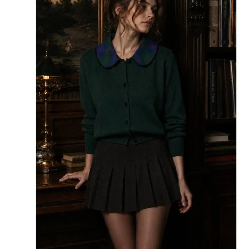 Talbots Vintage Wool Angora Plaid Velvet Collar Cardigan Sweater Green M